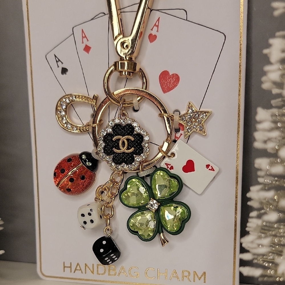 Lucky Charms Bag Charm Clover Horseshoe Dice Ladybug Ace of Hearts Star Gold - Picture 6 of 6